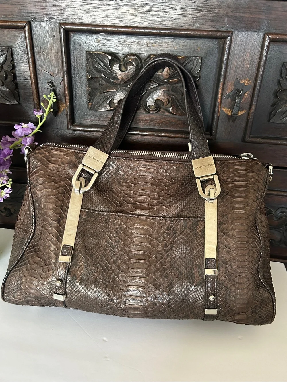 Michael Kors Brown Textured Leather Satchel with Silver-Tone Hardware